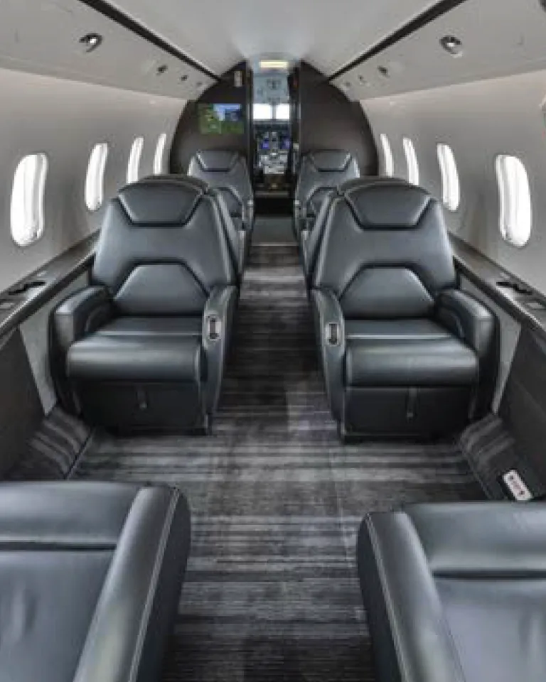 Bombardier Challenger 300 wide interior of cabin.